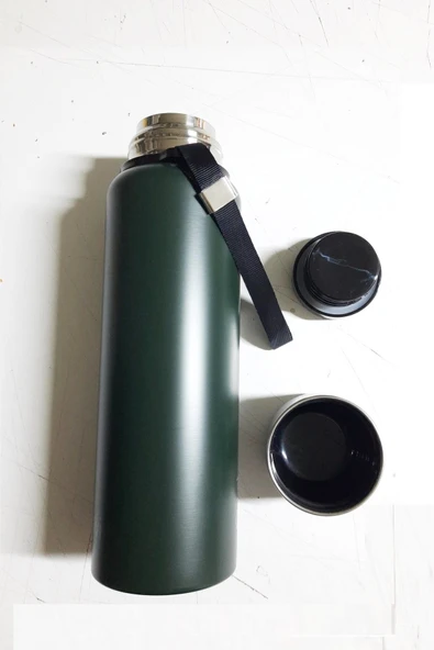 Çift Kat Paslanmaz Çelik Bardaklı 750 ml Taşıma Şeritli Termos Kamp Bebek Mama Termosu -8690 - Resim 4