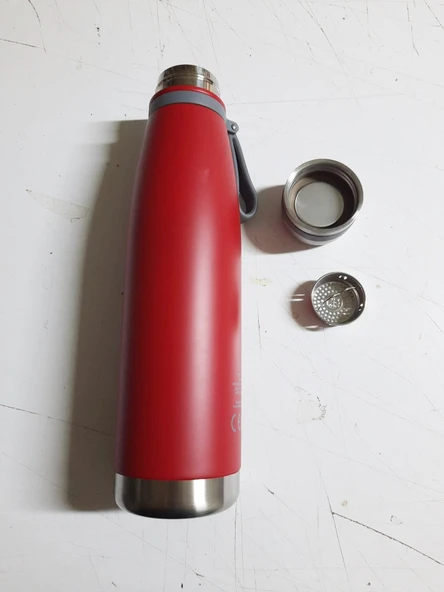 Çift Kat Paslanmaz Çelik Bardaklı 850 ml Taşıma Şeritli Termos Kamp Bebek Mama Termosu-8691 - Resim 4