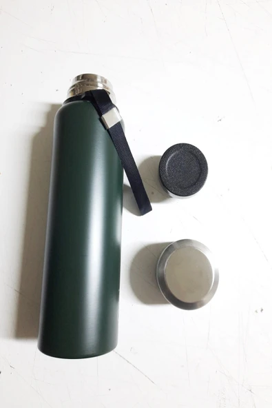 Çift Kat Paslanmaz Çelik Bardaklı 750 ml Taşıma Şeritli Termos Kamp Bebek Mama Termosu -8690 - Resim 2