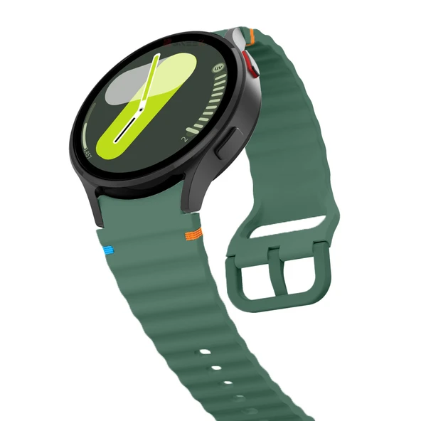 Samsung Galaxy Watch 6 40-43-44-47mm İle Uyumlu Metal Tokalı Dalgalı Spor Silikon Kordon  Koyu Yeşil - 3