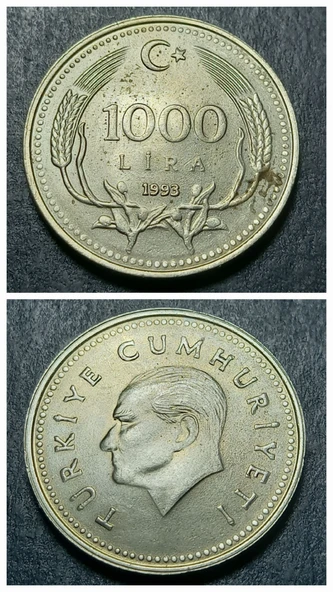 Escoines 3996368bb7325e427c 1993 1000Lira Bakır-çinko-nikel ççt+/ca para ürün görseli 1