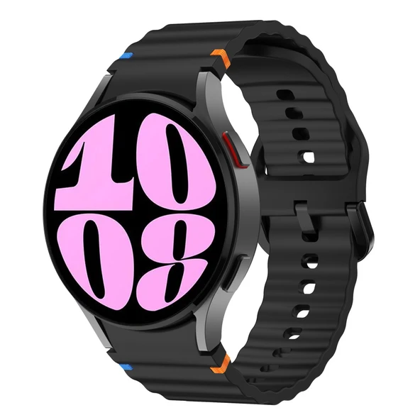 Samsung Galaxy Watch 6 40-43-44-47mm İle Uyumlu Metal Tokalı Dalgalı Spor Silikon Kordon  Siyah