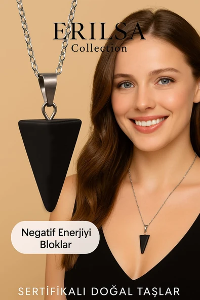 Sertifikalı Üçgen Piramit Model Şungit Doğal Taş Kolye - Negatif Enerji Bloklayan Koruyucu Taş ürün görseli