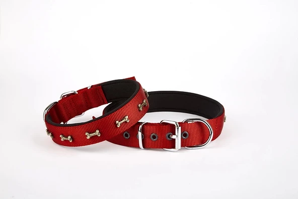 Doggie Softlu Dokuma Metal Kemik Süslü Tasma 2,5*60 cm Kırmızı - Resim 2