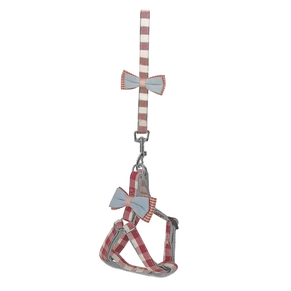 Köpek Göğüs Tasma Seti Ekose Desenli Papyonlu 1.5 cm*35-48 cm Kırmızı - Resim 2