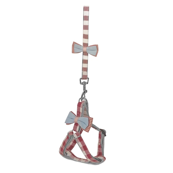 Köpek Göğüs Tasma Seti Ekose Desenli Papyonlu 1.5 cm*35-48 cm Kırmızı ürün görseli 1