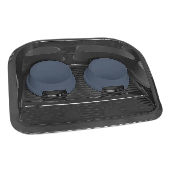 Servis Tepsili Plastik İkili Kedi Köpek Mama Ve Su Kabı 35x46 cm Siyah-Mavi - 6