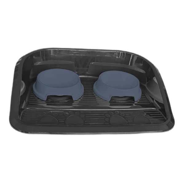 Servis Tepsili Plastik İkili Kedi Köpek Mama Ve Su Kabı 35x46 cm Siyah-Mavi - 7