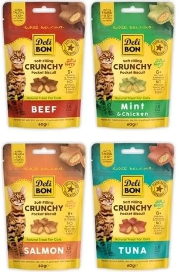 Delibon Crunchy İçi Dolgulu Bisküvi Karışık Kedi Ödülü Çeşitleri 4X60GR - Resim 2