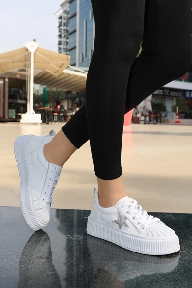 Piata Beyaz Cilt Bağcıklı Spor Ayakkabı - Resim 3