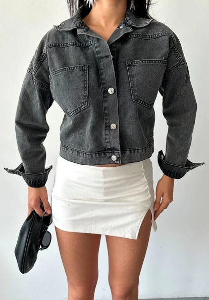 Çift cepli kol katlamalı süper taş enzim yıkama crop kot ceket füme d2000 - Resim 5