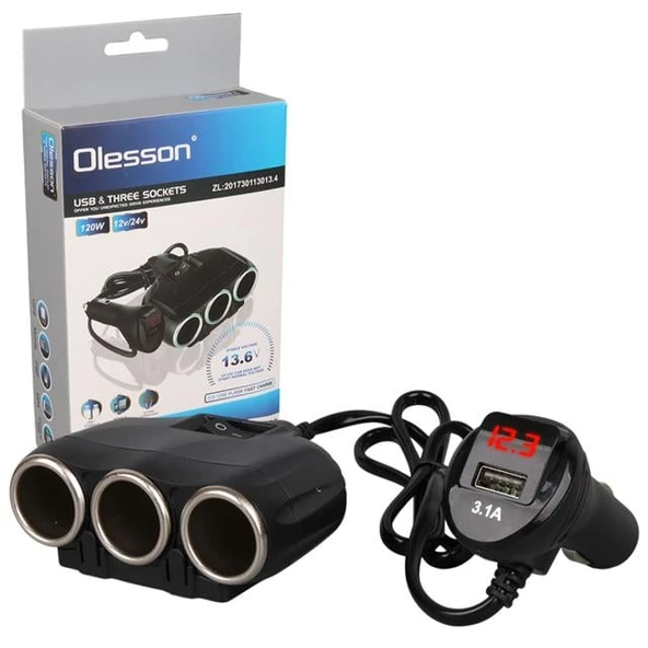 Olesson 1634 12-24V Tek USB Girişli 120W 80Cm Kablolu Dijital Voltaj Ekranlı 3'Lü Araç Çakmak Çoklayıcı ürün görseli 1