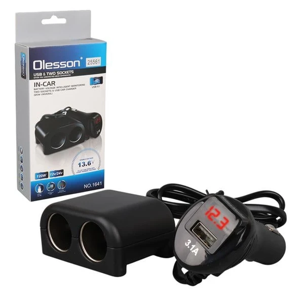 Olesson 1641 12-24V Tek USB Girişli 120W 80Cm Kablolu Dijital Voltaj Ekranlı 2'Li Araç Çakmak Çoklayıcı ürün görseli 1