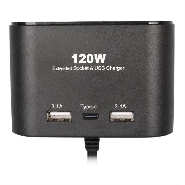 Olesson 1653 12-24V Çift USB + TYPE-C Girişli 100W 70Cm Kablolu 3'Lü Araç Çakmak Çoklayıcı - 3