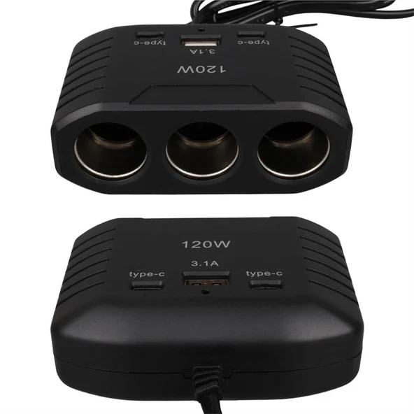 Olesson 2012 12-24V Çift TYPE-C - Tek USB Girişli 120W 80Cm Kablolu 3'LÜ Araç Çakmak Çoklayıcı - 4