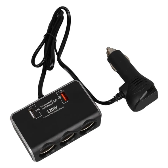Olesson 1639 12-24V Çift USB Girişli Hızlı Şarj Destekli 120W 80Cm Kablolu Dijital Voltaj Ekranlı 3'Lü Araç Çakmak Çoklayıcı - 5