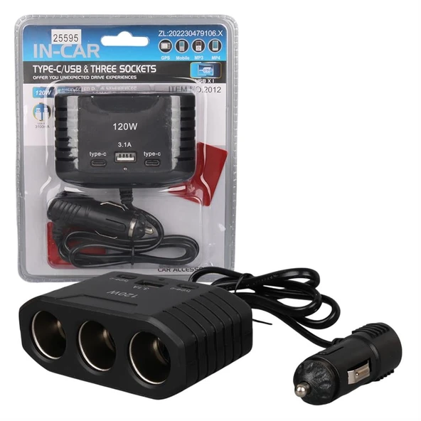 Olesson 2012 12-24V Çift TYPE-C - Tek USB Girişli 120W 80Cm Kablolu 3'LÜ Araç Çakmak Çoklayıcı