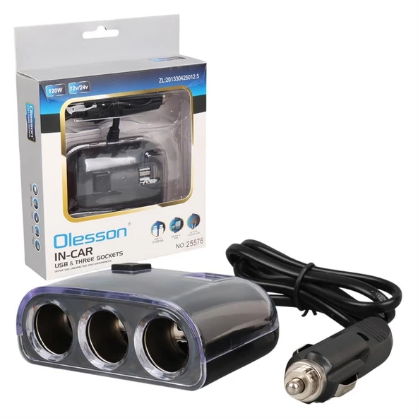 Olesson 1505 12-24V Çift USB Girişli 120W 80Cm Kablolu 3'LÜ Araç Çakmak Çoklayıcı