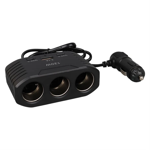 Olesson 2012 12-24V Çift TYPE-C - Tek USB Girişli 120W 80Cm Kablolu 3'LÜ Araç Çakmak Çoklayıcı - 2