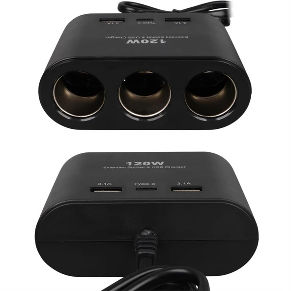 Olesson 1653 12-24V Çift USB + TYPE-C Girişli 100W 70Cm Kablolu 3'Lü Araç Çakmak Çoklayıcı - 4
