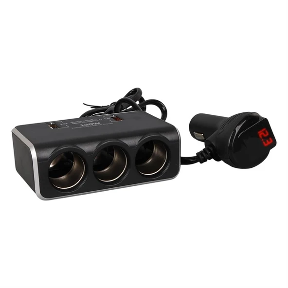 Olesson 1639 12-24V Çift USB Girişli Hızlı Şarj Destekli 120W 80Cm Kablolu Dijital Voltaj Ekranlı 3'Lü Araç Çakmak Çoklayıcı - 2
