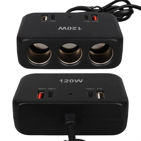 Olesson 1656 12-24V Çift USB + Çift TYPE-C 120W 80Cm Kablolu 3'Lü Araç Çakmak Çoklayıcı - 4