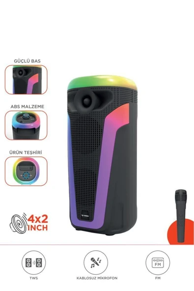 D69 Siyah RGB Ledli Kablosuz Mikrofonlu Radyolu Taşınabilir Bluetooth Hoparlör Parti Speaker - 1