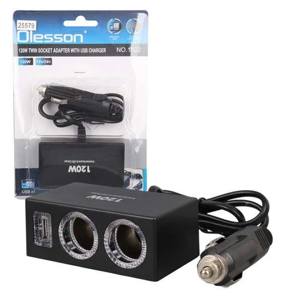 Olesson 1522 12-24V Tek USB Girişli 120W 80Cm Kablolu 2'Li Araç Çakmak Çoklayıcı