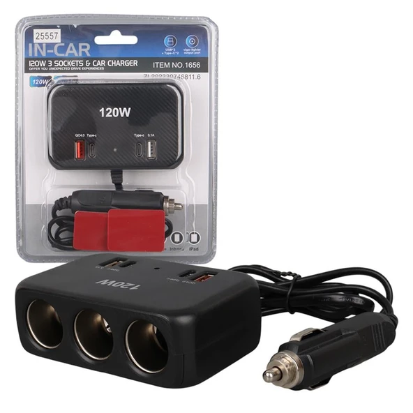Olesson 1656 12-24V Çift USB + Çift TYPE-C 120W 80Cm Kablolu 3'Lü Araç Çakmak Çoklayıcı