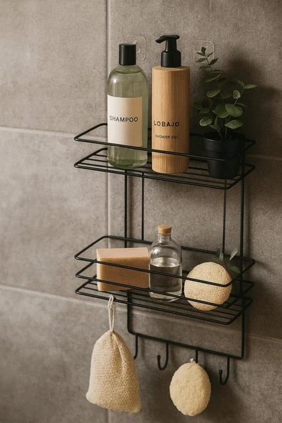 2 Katlı Siyah Kancalı Banyo Duş Rafı, Şampuanlık, Lif/Kese Askılı, Paslanmaz Metal, Banyo Düzenleyici - (TŞ-02) - 5