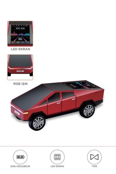 D68 CyberTruck Araba Tasarımlı Led Ekranli Radyolu Bluetooth Hoparlör 15W Güçlü Ses RGB LED /TWS/USB - 1