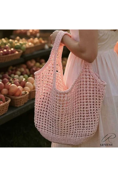 Ar Armese El Örgüsü Büyük Çanta Bohem Plaj & Alışveriş Çantası Makinede Yıkanabilir 70x50 cm ürün görseli 1