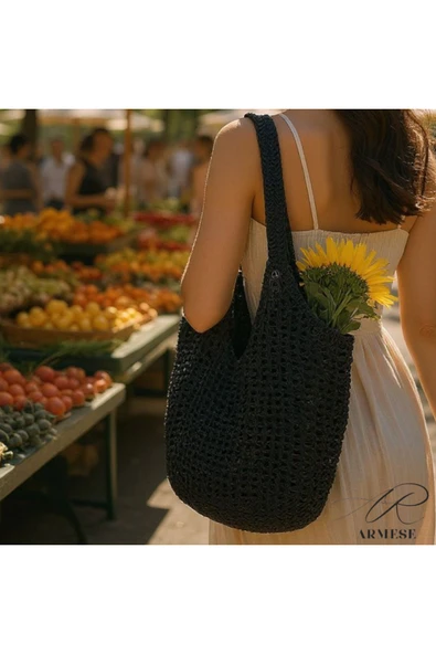 Ar Armese El Örgüsü Büyük Çanta Bohem Plaj & Alışveriş Çantası Makinede Yıkanabilir 70x50 cm ürün görseli 1