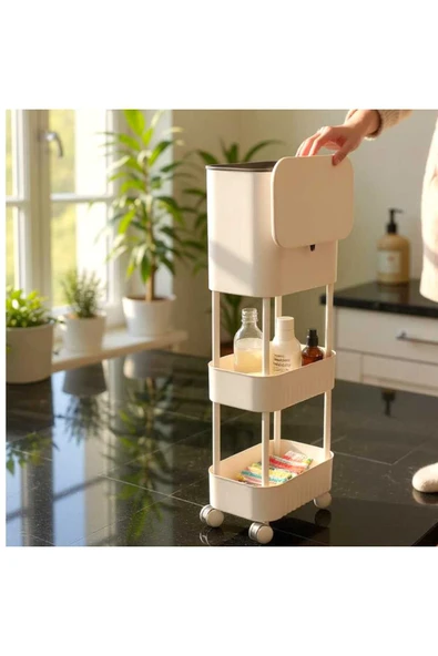Ar Armese Çöp Kovası İki Raf Üniteli Tekerlekli Fonksiyonel Kapaklı Banyo Ve Mutfak Çöp Kovası 15 Litre - 1