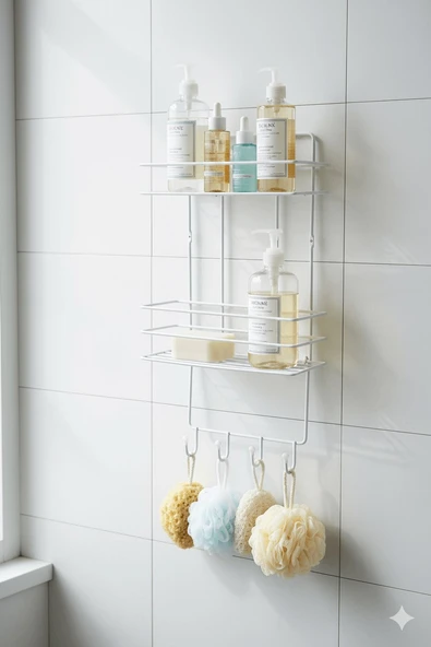 2 Katlı Beyaz Kancalı Banyo Duş Rafı, Şampuanlık, Lif/Kese Askılı, Paslanmaz Metal, Banyo Düzenleyici - (TŞ-02) - 2