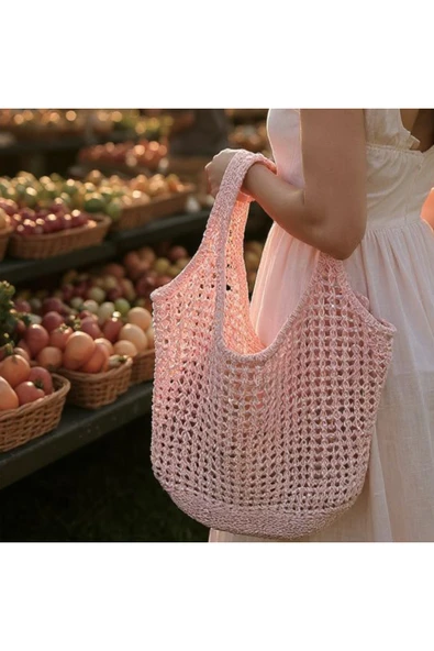 Ar Armese El Örgüsü Büyük Çanta Bohem Plaj & Alışveriş Çantası Makinede Yıkanabilir 70x50 cm - Resim 3