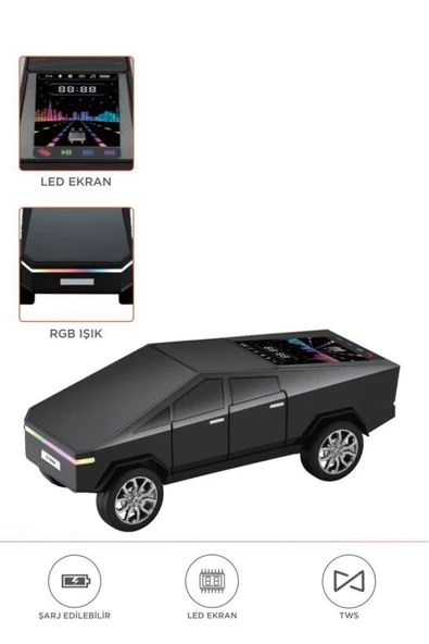 D68 CyberTruck Araba Tasarımlı Led Ekranli Radyolu Bluetooth Hoparlör 15W Güçlü Ses RGB LED /TWS/USB - 5