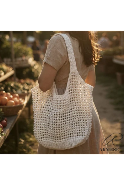 Ar Armese El Örgüsü Büyük Çanta Bohem Plaj & Alışveriş Çantası Makinede Yıkanabilir 70x50 cm ürün görseli 1