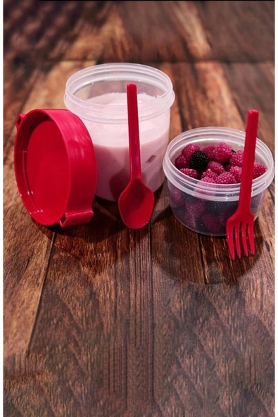 Ar Armese Çift Hazneli Çatal Kaşıklı Müsli Yemek Taşıma Saklama Kabı Kırmızı Ap-9453 1100 Ml ürün görseli 1