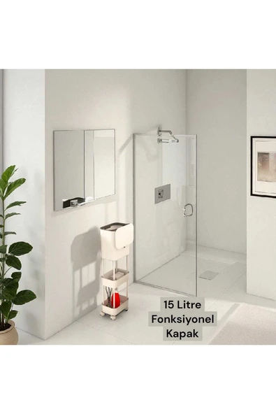 Ar Armese Çöp Kovası İki Raf Üniteli Tekerlekli Fonksiyonel Kapaklı Banyo Ve Mutfak Çöp Kovası 15 Litre - 2