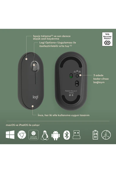 logitech Pebble 2 Combo Çoklu Sessiz Kablosuz Türkçe Q Klavye Mouse Seti - Grafit 920-012245 - 7