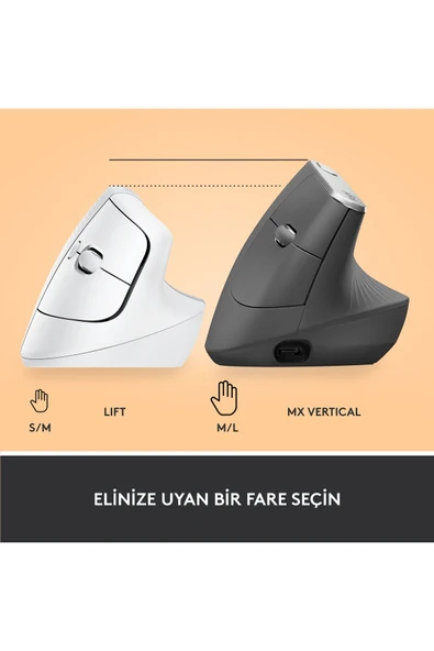 logitech Lift Sessiz Kablosuz Ergonomik Dikey Mouse - Beyaz 910-006475 - Resim 8
