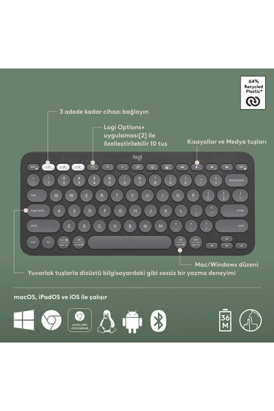logitech K380s Pebble Keys 2 Çoklu Cihaz Özellikli Bluetooth Türkçe Q Klavye - Siyah 920-011859 - Resim 6