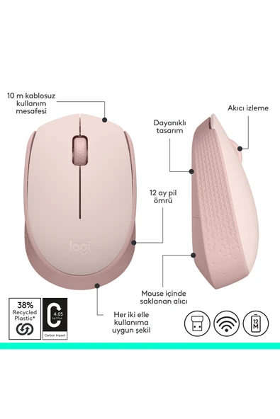 logitech M171 USB Alıcılı Kablosuz Kompakt Mouse - Pembe - Resim 8