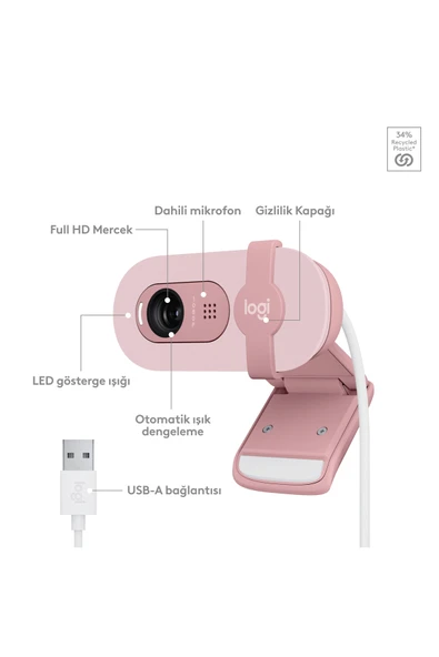 logitech BRIO 100 Full HD 1080p Gizlilik Kapaklı Mikrofonlu Web Kamerası - Pembe - Resim 6