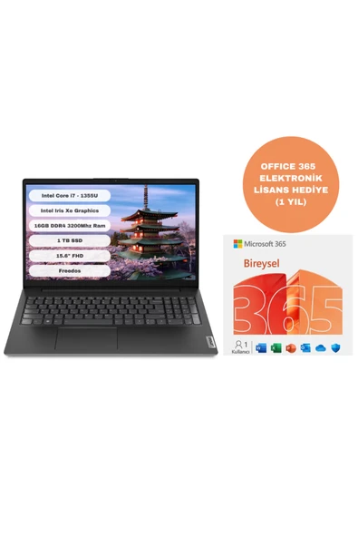 LENOVO V15 Ci7 1355U 16GB 1TB SSD Freedos 15.6'' FHD 83A100HXTR + Office365 Elektronik Lisans - 1