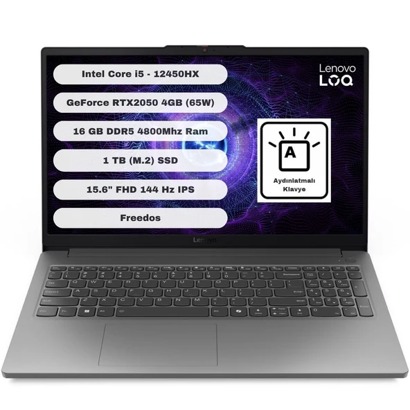 LENOVO LOQ GTI1 15IAX9E Intel Core I5 12450HX 16GB 1TB SSD RTX2050 Freedos 15.6'' FHD 83LK008HTR ürün görseli
