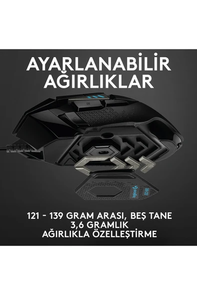 logitech G G502 HERO LIGHTSYNC 25.600 DPI Yüksek Performanslı Kablolu Oyuncu Mouse - Siyah - Resim 5