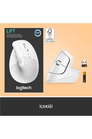 logitech Lift Sessiz Kablosuz Ergonomik Dikey Mouse - Beyaz 910-006475 - Resim 7