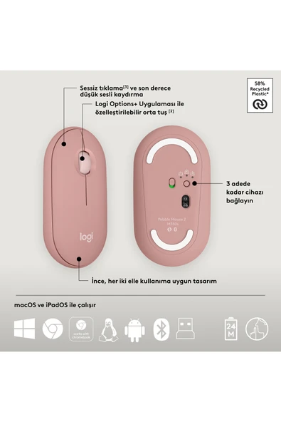 logitech Pebble 2 Set Çoklu Cihaz Özellikli Sessiz Kablosuz Türkçe Q Klavye ve Mouse Seti - Pembe - 7